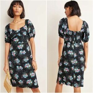ANTHROPOLOGIE NWT! SCARLETTA PUFF SLEEVE BLACK FLORAL DRESS SIZE 8